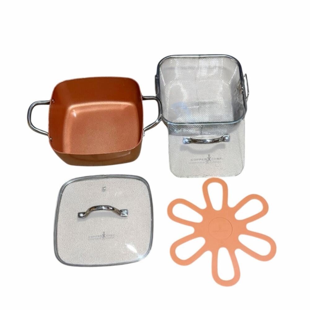 Copper Chef 9.5 Square Pot Lid Fry Basket Burger Press  Silicone Trivet Nonstick